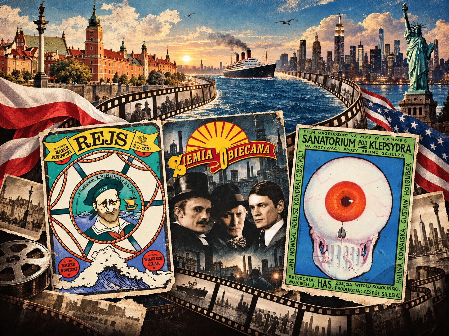 Filmowy kolaż łączący Warszawę i Nowy Jork ponad Atlantykiem, z plakatami Rejsu, Ziemi obiecanej i Sanatorium pod Klepsydrą.